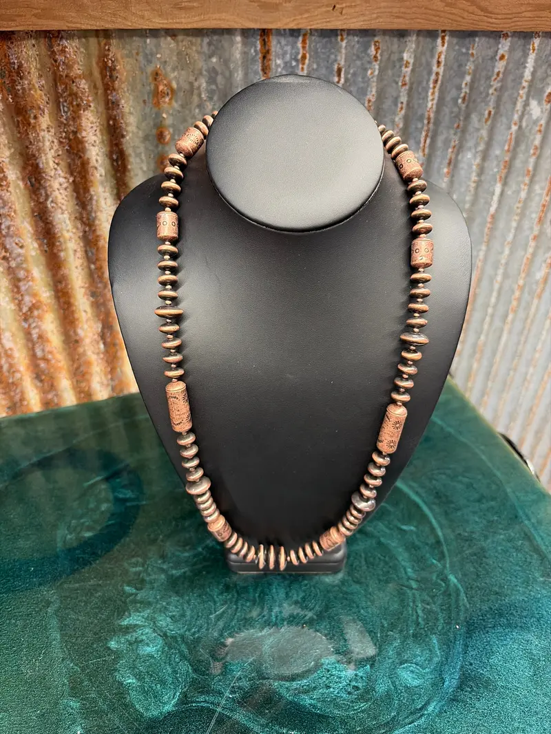 24" Copper Stamped Saucer Faux Beaded Necklace 1