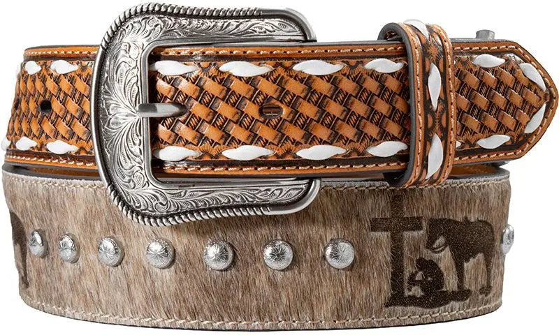 3D Belts Brindle Calf Hair With Cowboy Prayer Motif Leather Belt 1