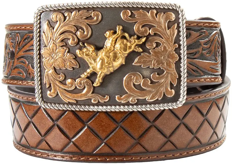 3D Belts Kid's Basket Weave Belt With Floral Billets And Bull Rider Buckle 1