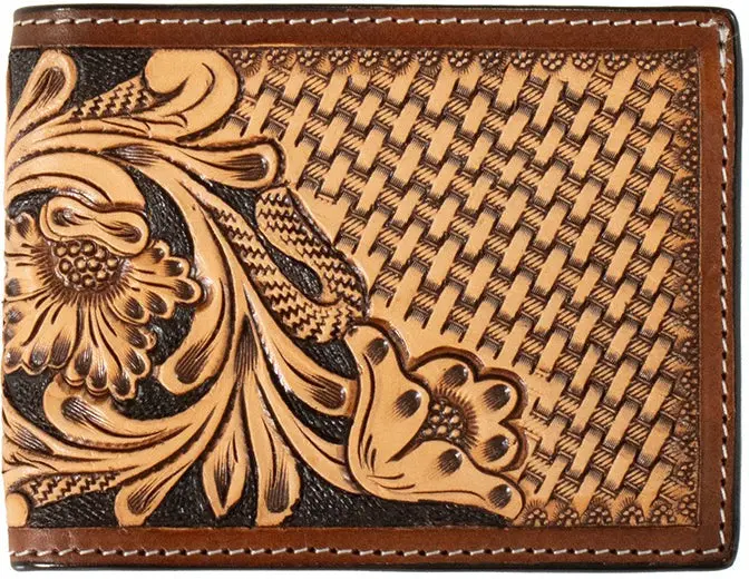 3D Belts Tan Floral And Basketweave Tooled Bifold Wallet 1