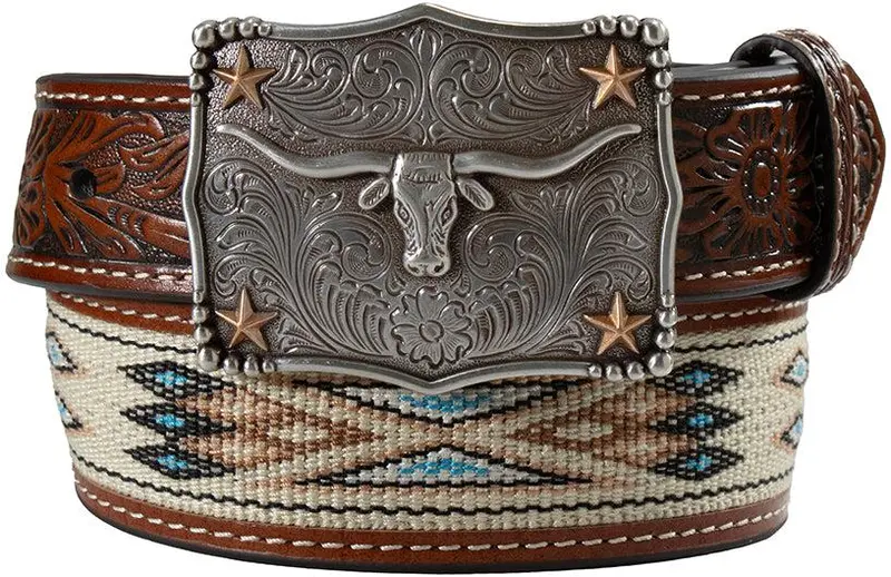 3D Belts Tan Southwest Woven Inlaid Belt With Floral Billets 1