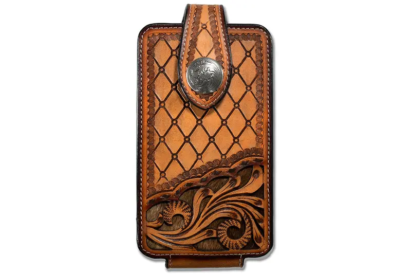 3D Brown Hand Tooled With Calf Hair Underlay Cell Phone Case 1
