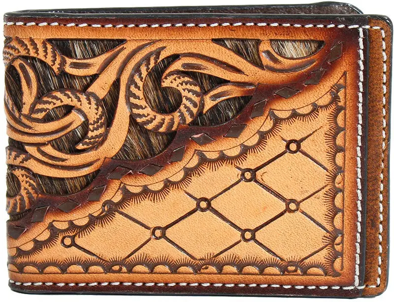 3D Leather Calf Hair Hand Tooled Overlaid Bifold Wallet 1