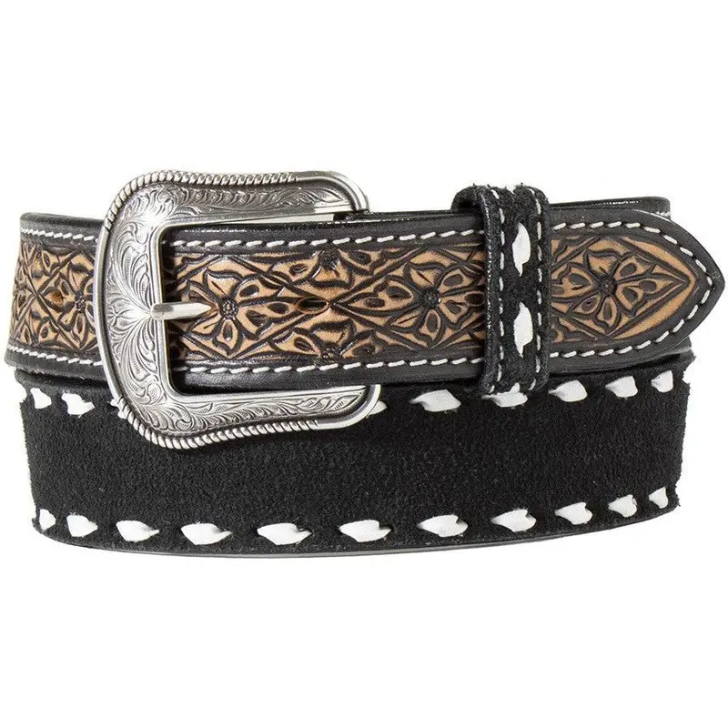 3D Western Black Roughout Leather Belt With White Buckstitch 1