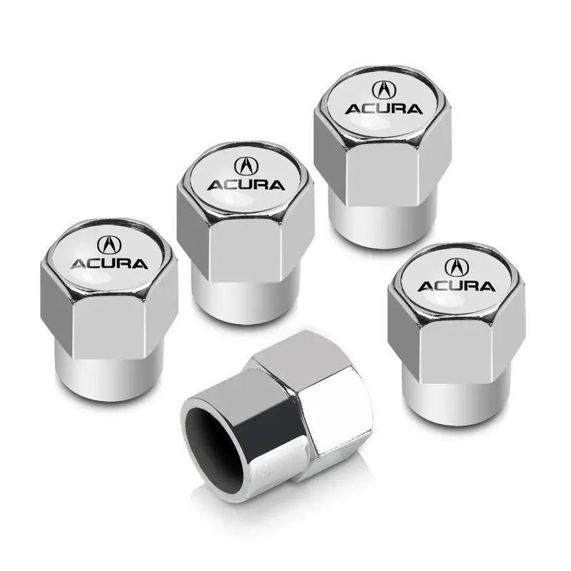 Acura White Logo And Name Tire Stem Valve Caps Set (Chrome) 1