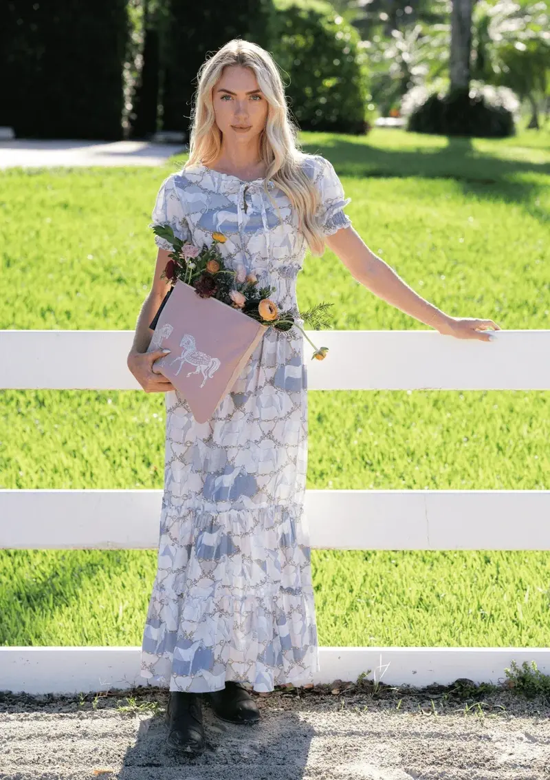 Amelie Linen Long Dress | Geo Horses Print | Pastel | Sample 1