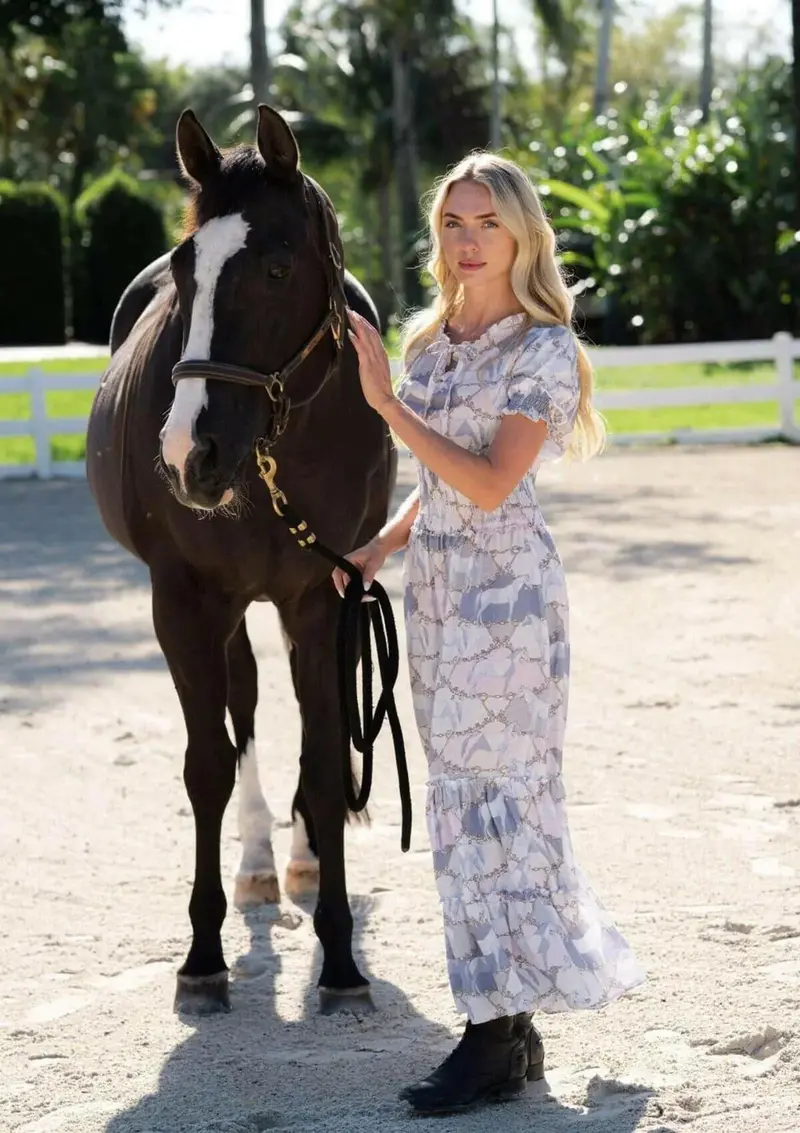 Amelie Linen Long Dress | Geo Horses Print | Pastel | Sample 3