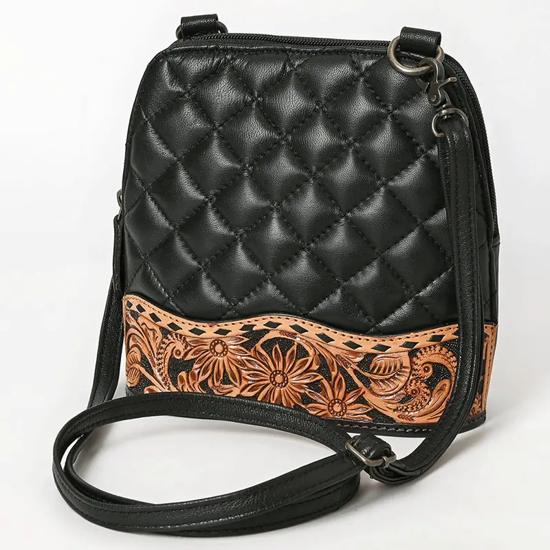 American Darling Black Quilted And Floral Tooled Leather Crossbody Bag 1
