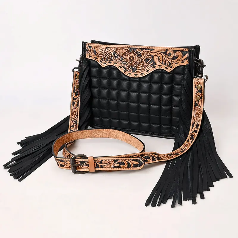 American Darling Black Quilted Leather With Floral Tooled Crossbody Bag 1
