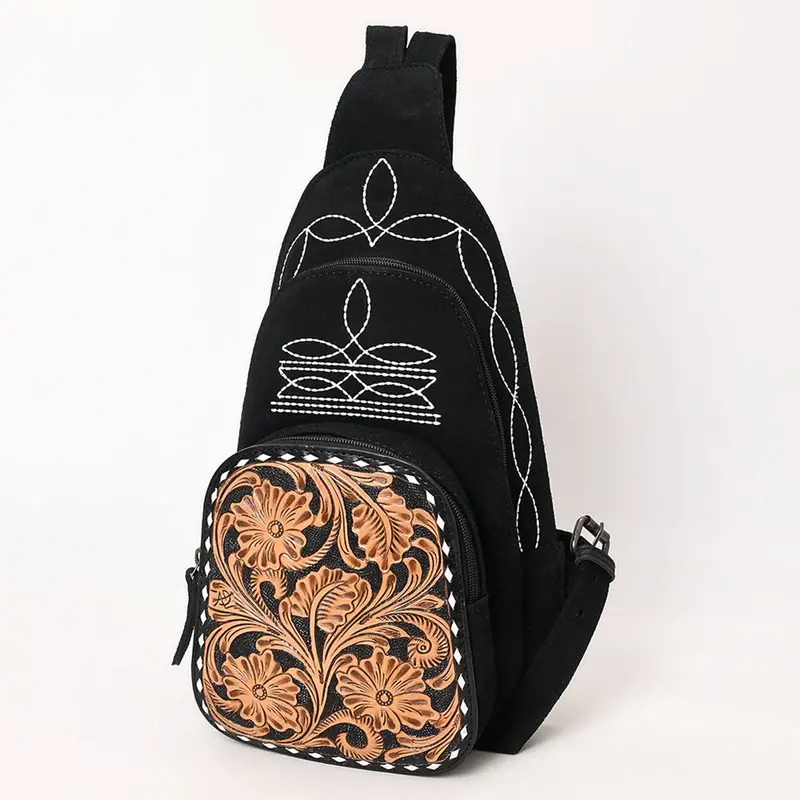 American Darling Black Suede Genuine Leather Western Backpack 1