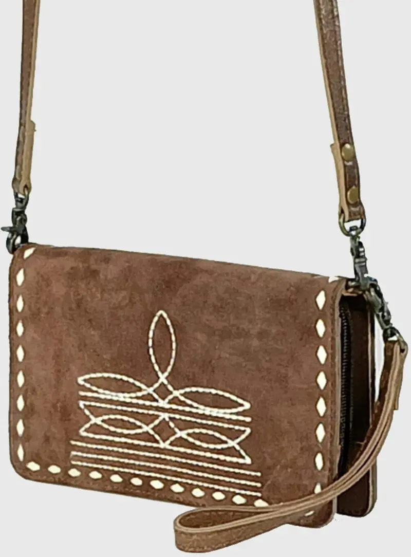 American Darling Brown Boot Stitch Suede Crossbody Bag 1