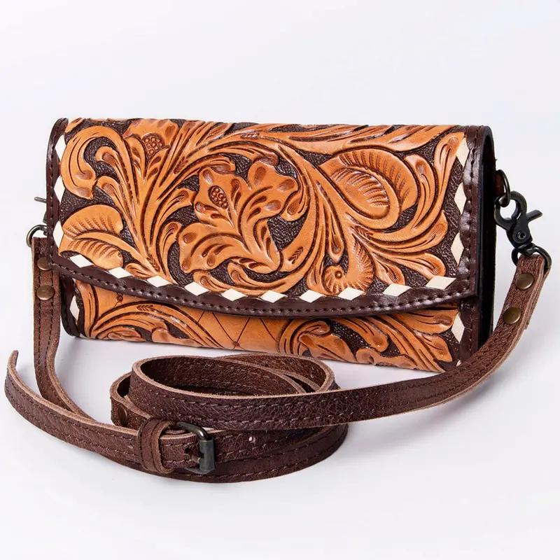 American Darling Floral Hand Tooled With White Whipstitch Wallet Bag 1