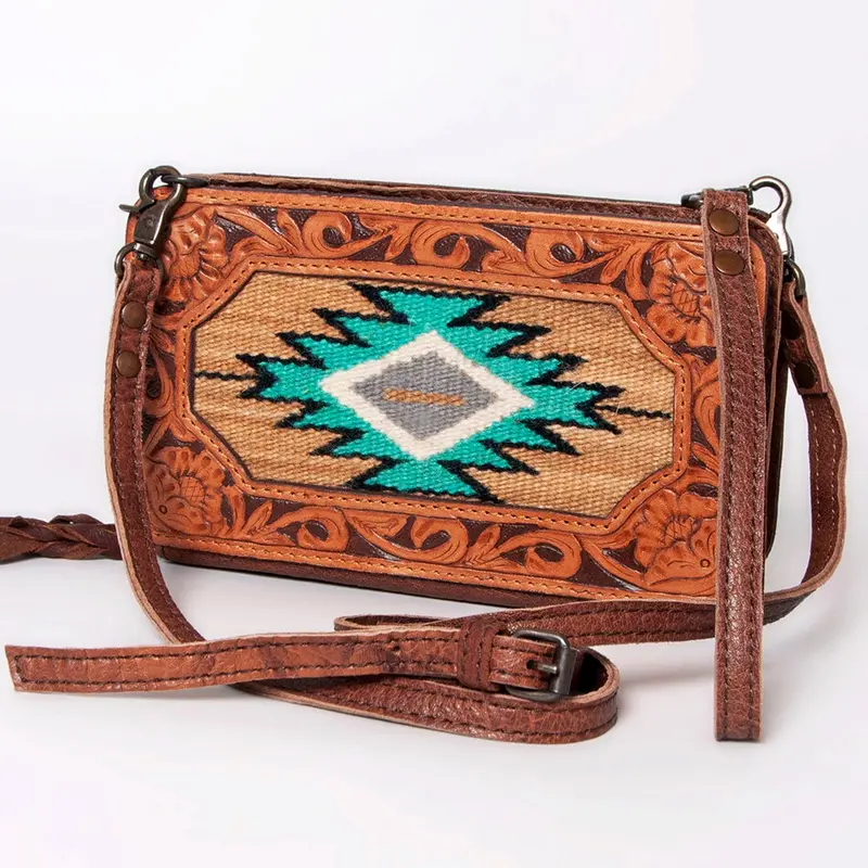 American Darling Tan And Turquoise Southwestern Tribal Genuine Leather Crossbody Bag 1