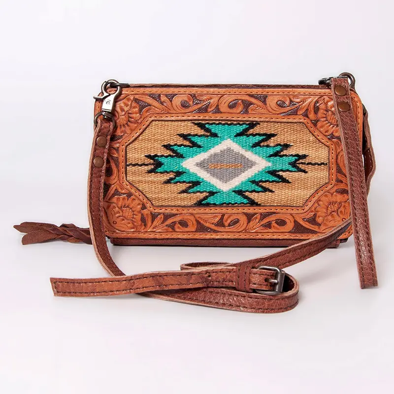 American Darling Tan And Turquoise Southwestern Tribal Genuine Leather Crossbody Bag 2