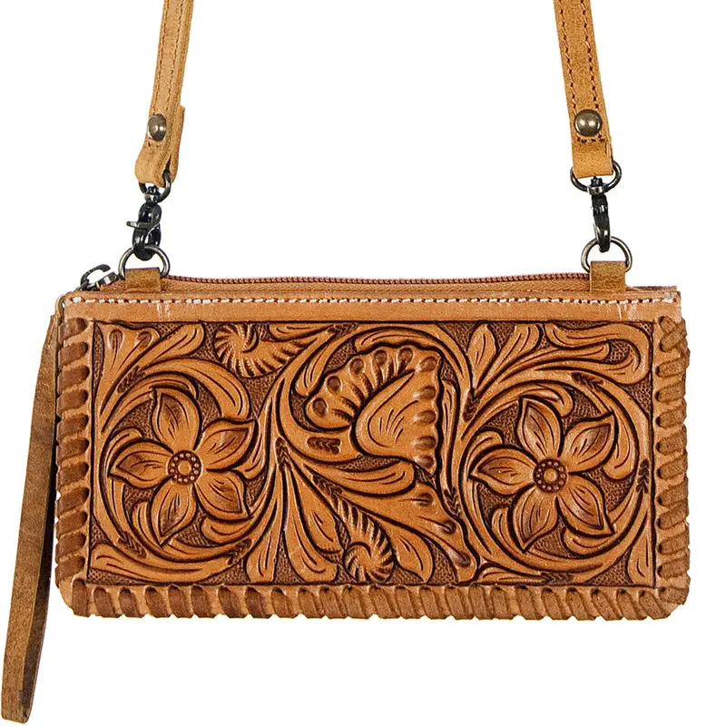 American Darling Tan Floral Hand Tooled Genuine Western Leather Bag Wallet 1
