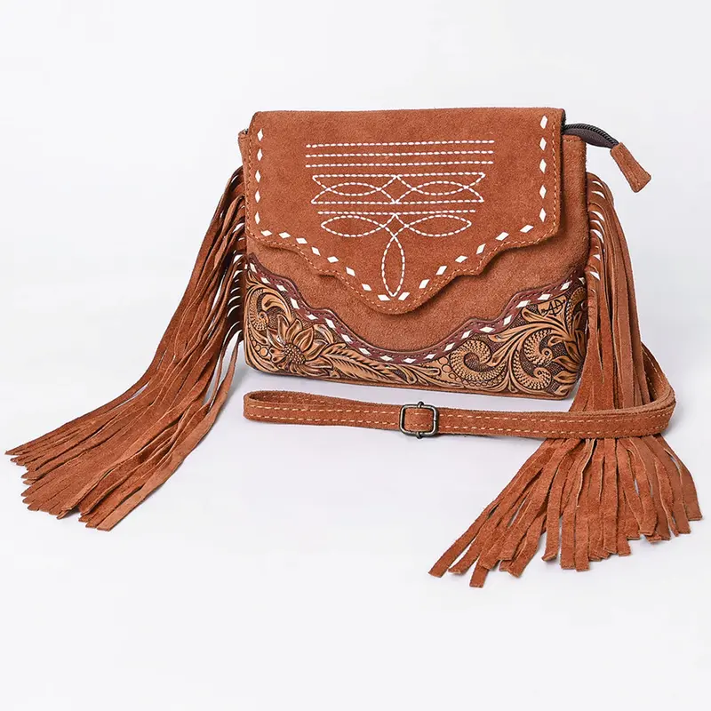American Darling Tan Suede Crossbody Bag With Scalloped Flap 1