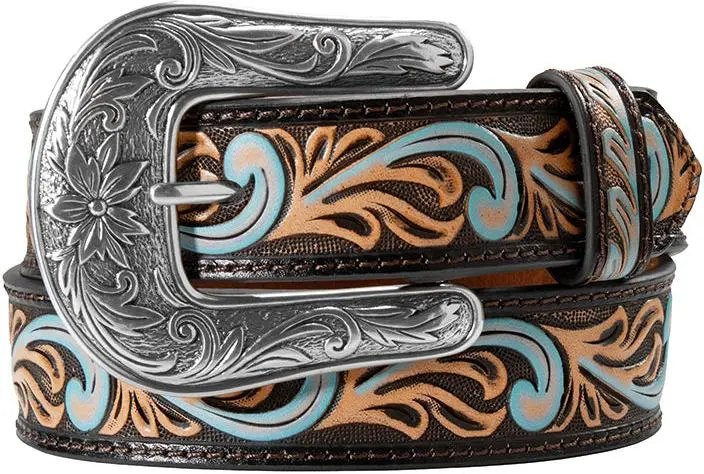 Angel Ranch Girl's Black With Blue And Tan Scrolling Accent Leather Belt 1