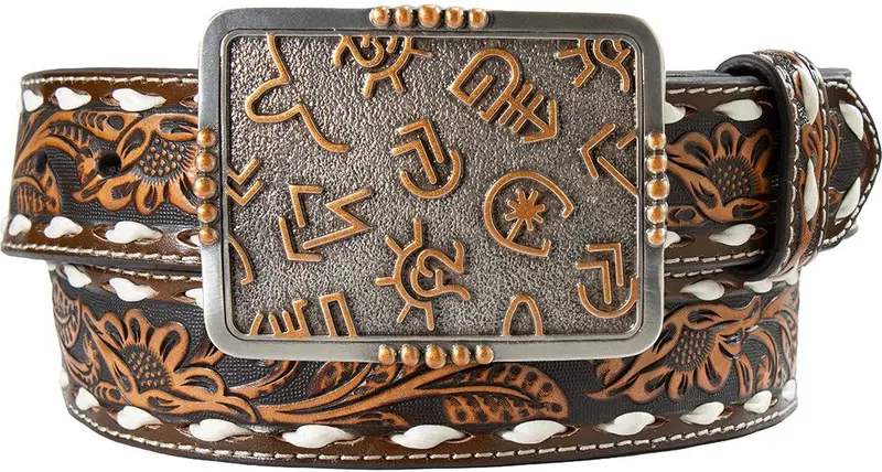 Angel Ranch Women's Brown Embossed Floral Belt With White Buckstitch 1