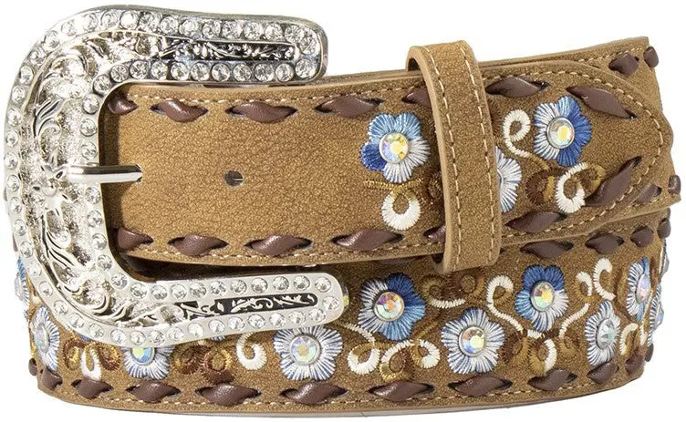 Angel Ranch Women's Coffee Leather Floral Embroidered Belt 1