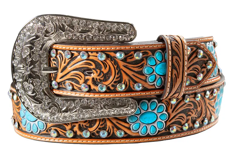 Angel Ranch Women's Floral Embossed Tan Leather Belt 1