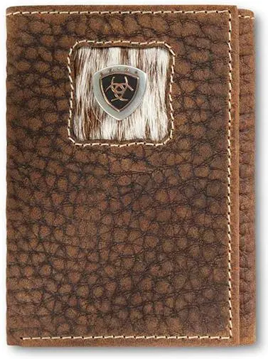 Ariat Brown And White Calf Hair Inlay Trifold Wallet 1