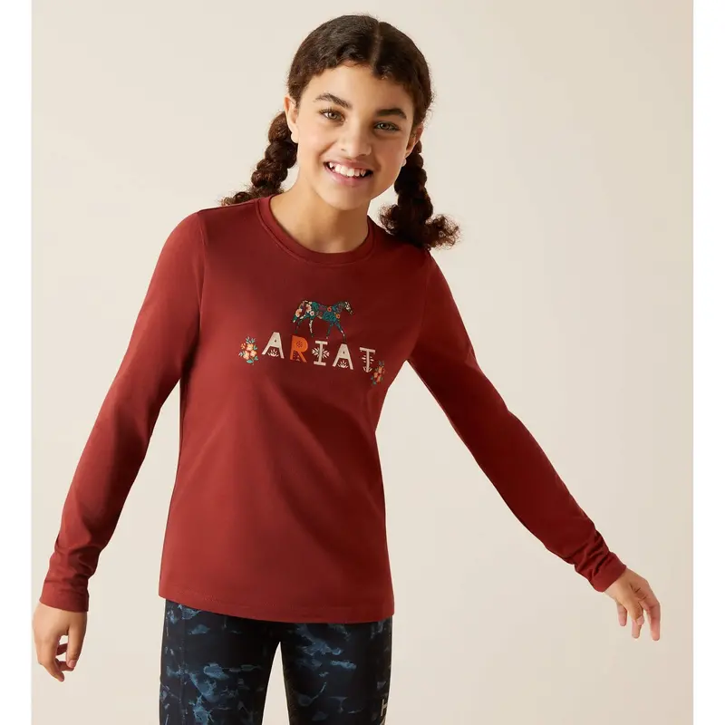 Ariat Girl's Brick Red Blossom Pony Tee 1