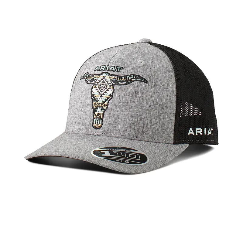 Ariat Grey Longhorn Skull Flex Fit Ball Cap 1