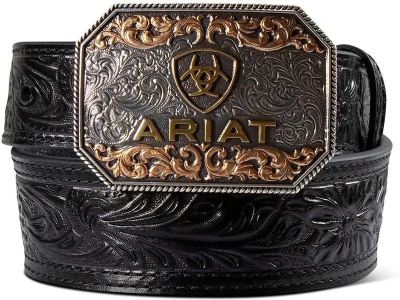 Ariat Kid's Black Floral Embossed Belt With Trophy Buckle 1