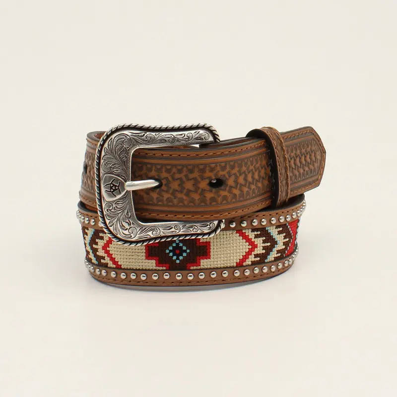 Ariat Kid's Brown Basketweave With Aztec And Studs Western Belt 1