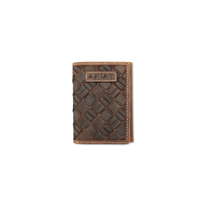 Ariat Medium Brown Large Basket Weave Trifold Wallet 1