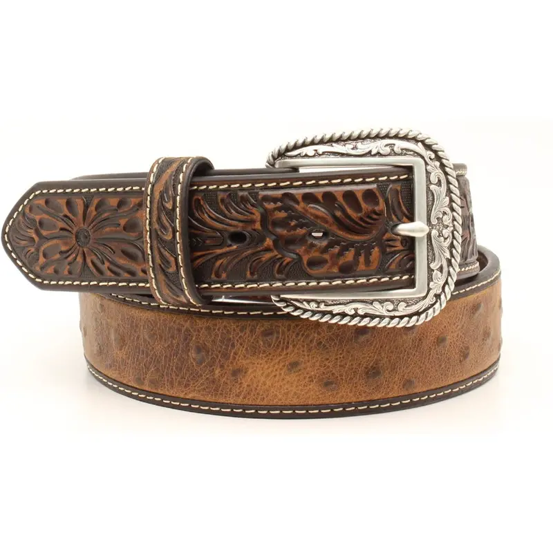 Ariat Tooled Chocolate Ostrich Print Belt 1