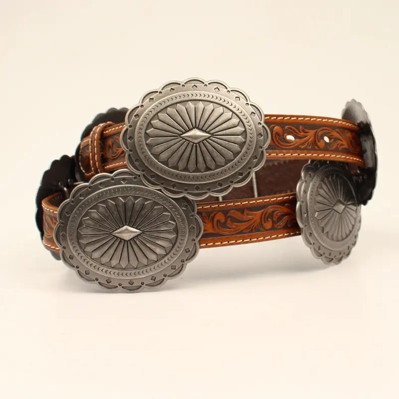 Ariat Women's Brown Tooled With Silver Oval Concho Leather Belt 1