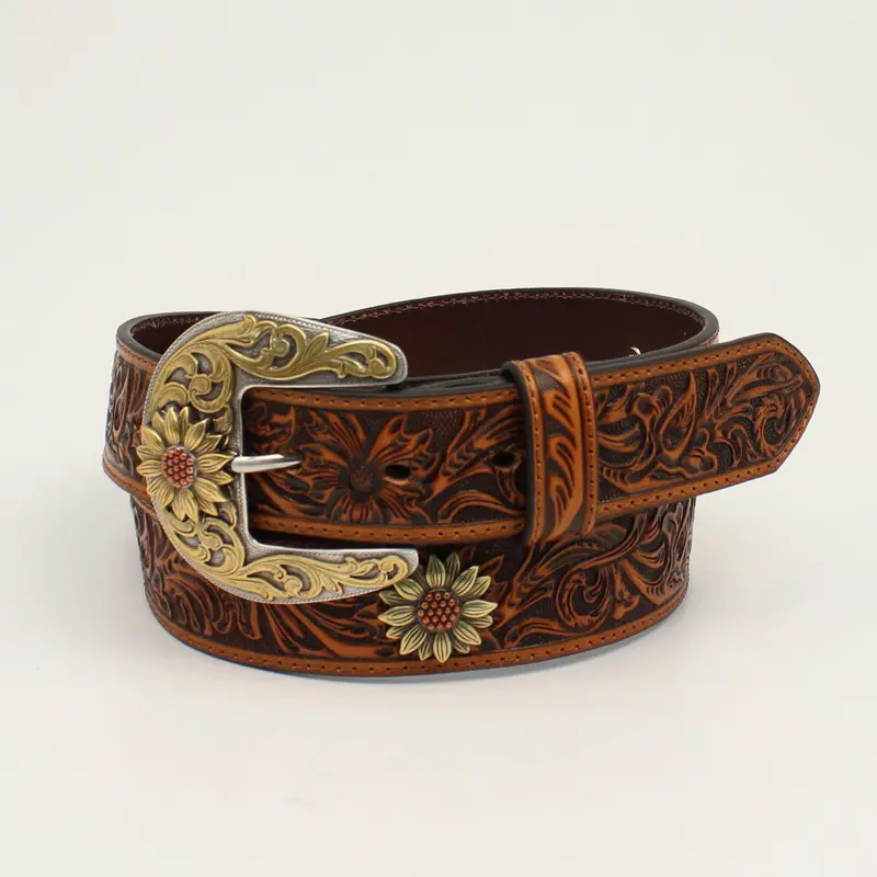 Ariat Women's Brown Tooled With Sunflower Concho Leather Belt 1
