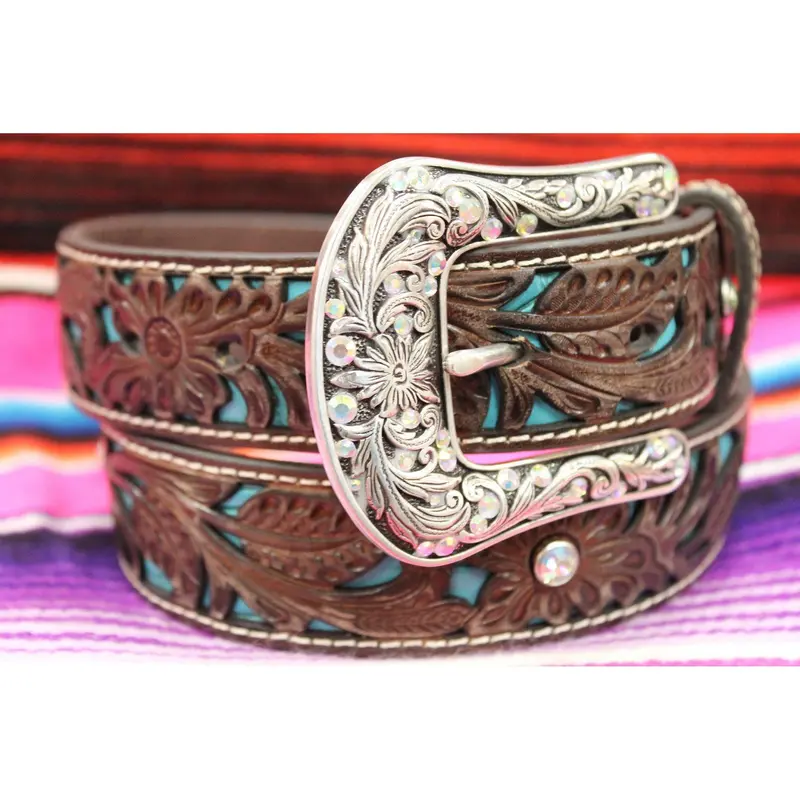 Ariat Women's Floral Embossed Belt With Rhinestone And Turquoise Inlay 1