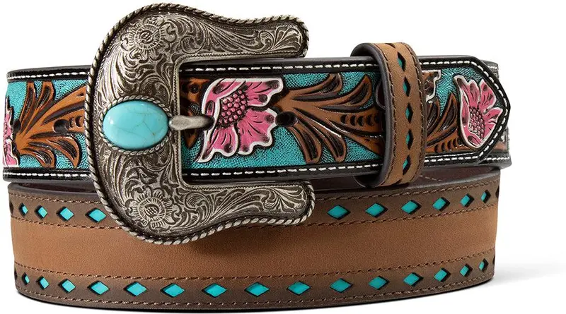 Ariat Women's Turquoise Diamond Cutout Belt With Floral Embossed Billets 1
