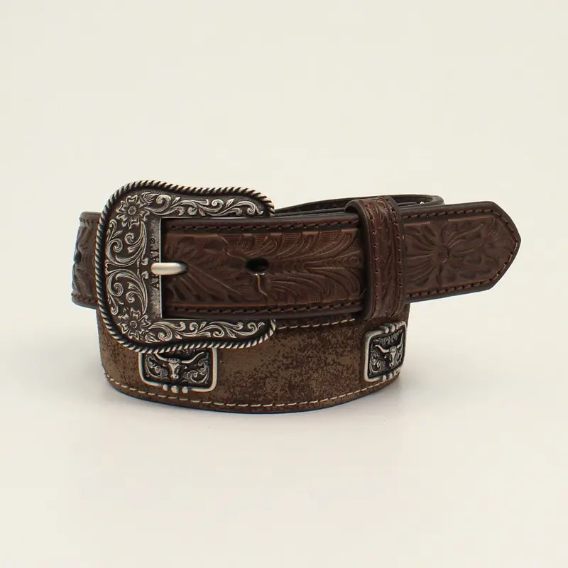 Ariat Youth Brown Floral Tooled Belt With Longhorn Conchos 1