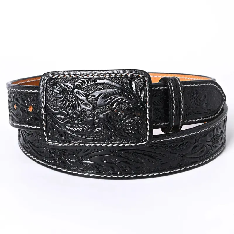 Black Tooled Leather Belt & Buckle 1