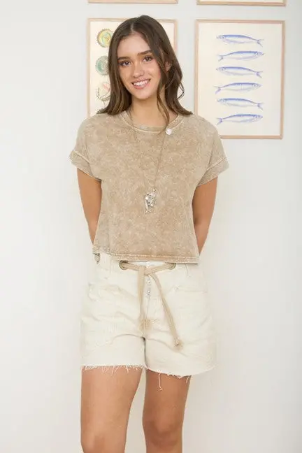 Blu Pepper Women's Brown Washed Boxy Knit Short Sleeve Top 3