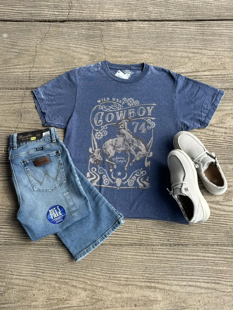 Bohemian Cowgirl Blue Burnout Cowboy's 74 Crop Tee 1