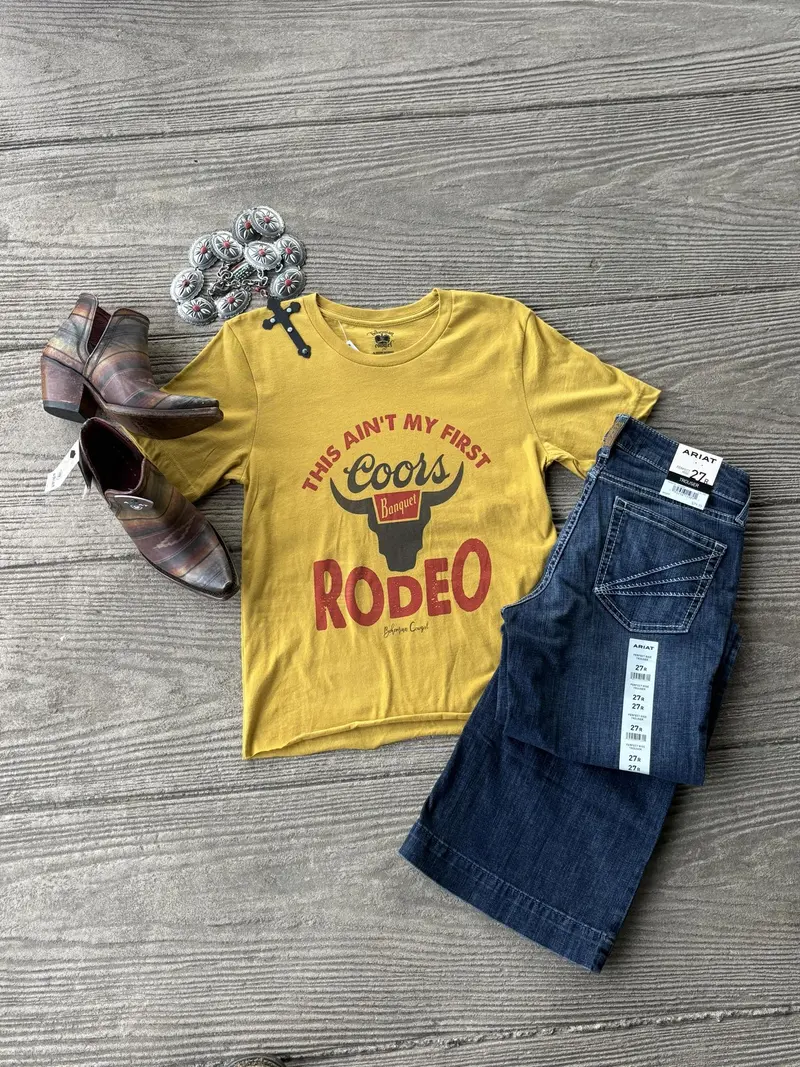 Bohemian Cowgirl Mustard Coors Ain't My Frist Rodeo Tee 1