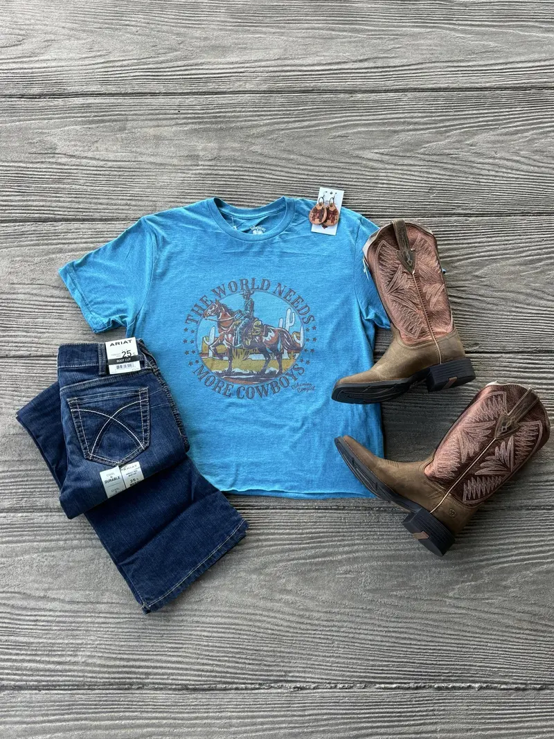 Bohemian Cowgirl Teal The World Needs More Cowboys Tee 1