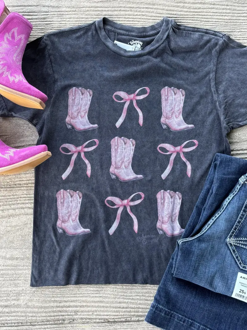 Bohemian Cowgirl Washed Black Boots And Bows Tee 1