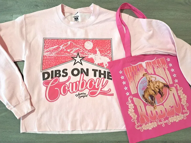 Bohemian Cowgirl Women's Pink Dibs On The Cowboy Cropped Sweatshirt 1