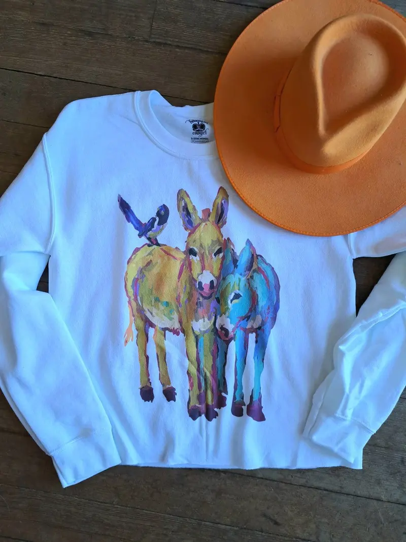Bohemian Cowgirl Women's White Donkey Buddies Sweatshirt 1