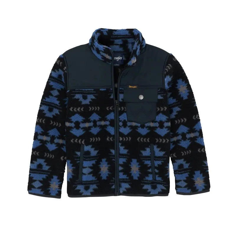 Boys Blue Print  Wrangler Sherpa 1/4 Snap Pullover 1