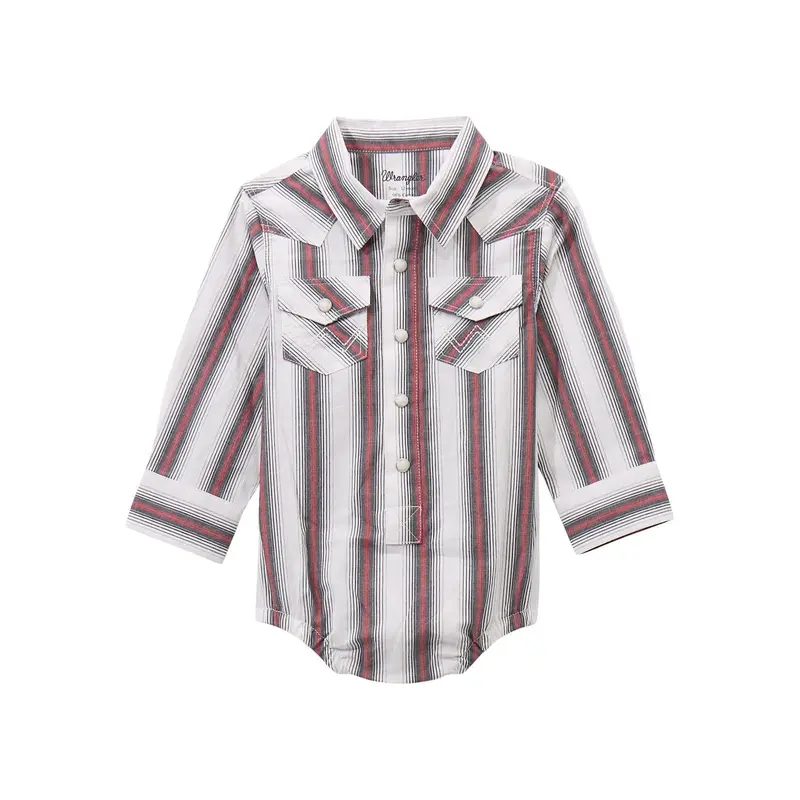 Boys Burgandy Stripe Wrangler Baby L/S Snap Onesie 1