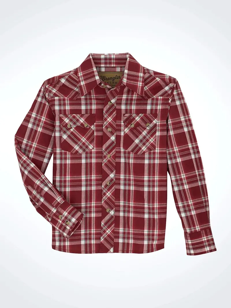 Boys Maroon Plaid Wrangler Retro Snap Shirt 1