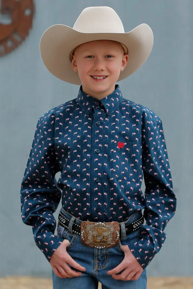 Boys Navy Flag Print Long Sleeve Cinch Shirt 1