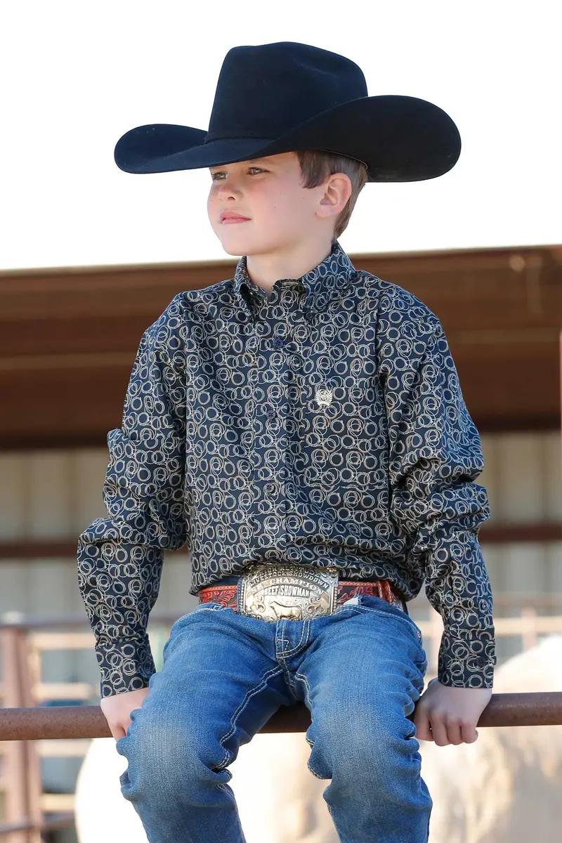 Boys Navy Rope Print Button Western Shirt 1