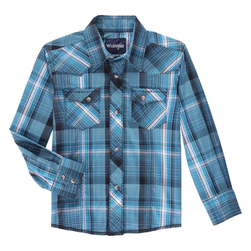 Boys Plaid Wrangler Long Sleeve Snap Shirt 1